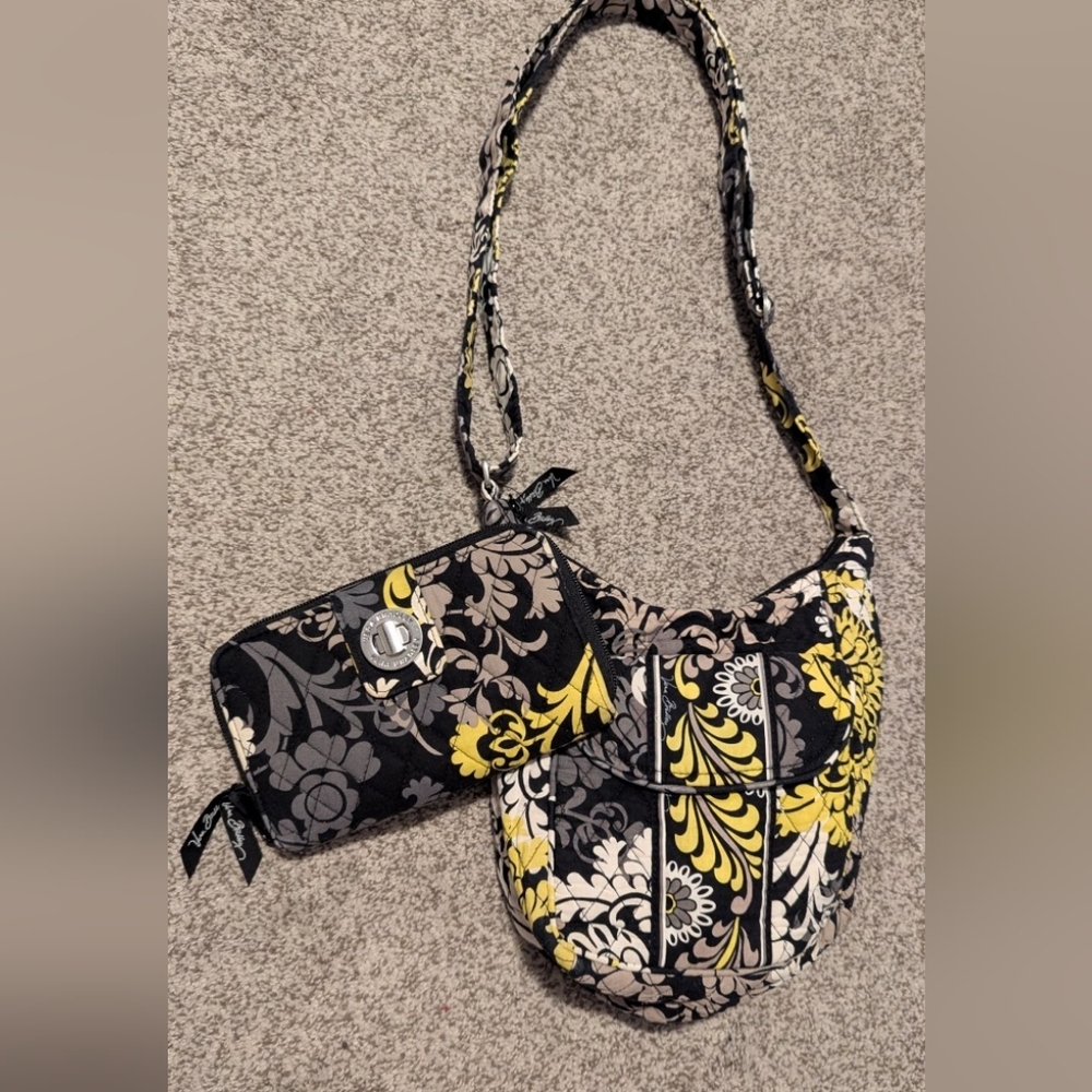 Vera Bradley Yellow, Black And Grey floral Patterned Shoulder Bag and Wallet